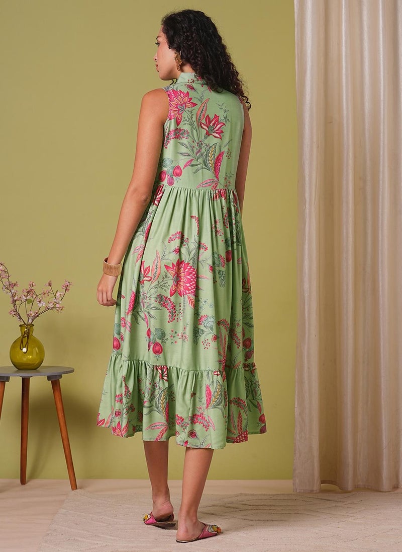 Globus Women Green Shirt Collar Floral Print Tassel Detail Gathered A-Line Tiered Midi Fusion Dress - Image 4